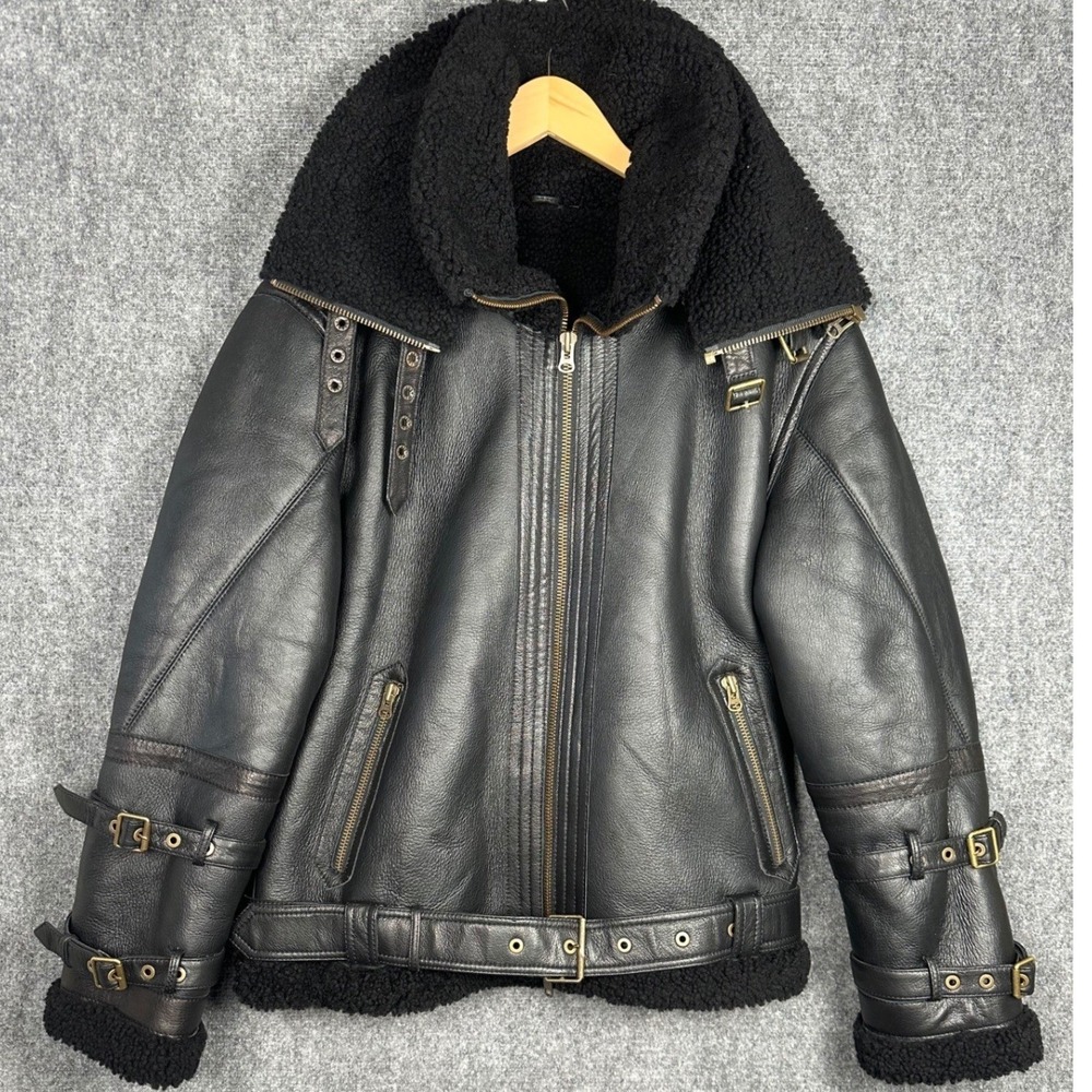 Mens Double Faced Leather Shearling Aviator Jacket XL Black Bomber B3 Coat